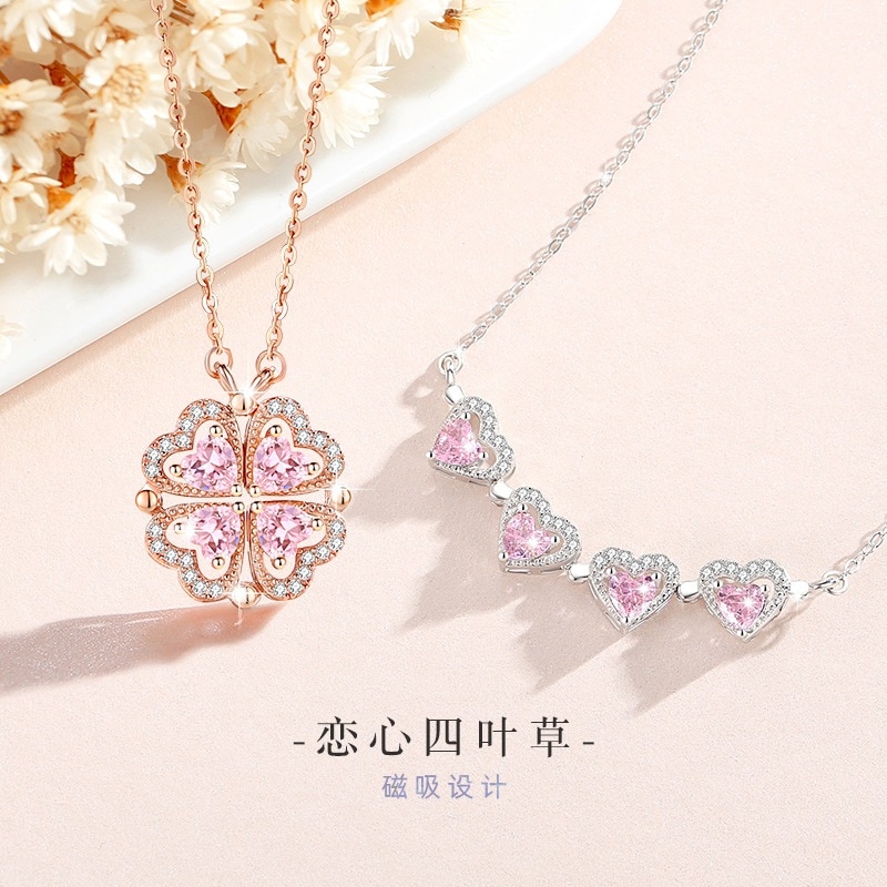 幸運の四つ葉のクローバー スターリングシルバー 925 ネックレス レディース ファッショナブルで万能なマグネット式鎖骨チェーン ハートペンダント