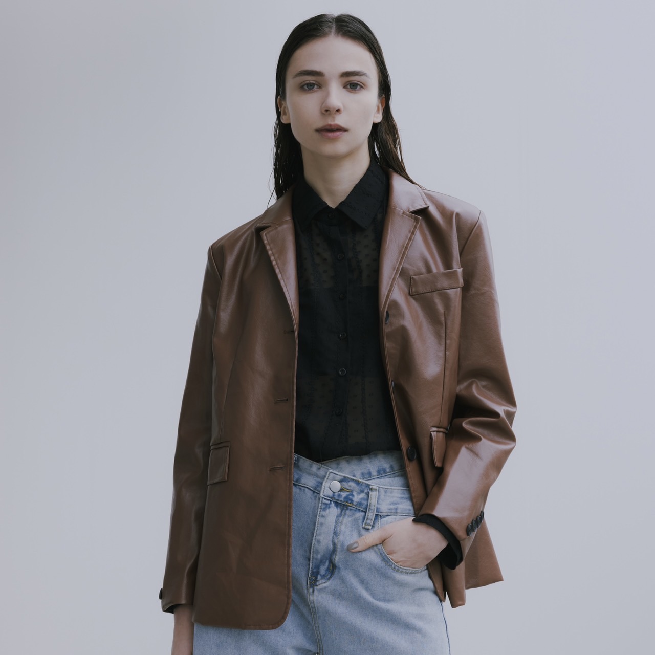 レザージャケット　ブレザー型　レディース　PUレザー　大人っぽい　アウター　秋冬