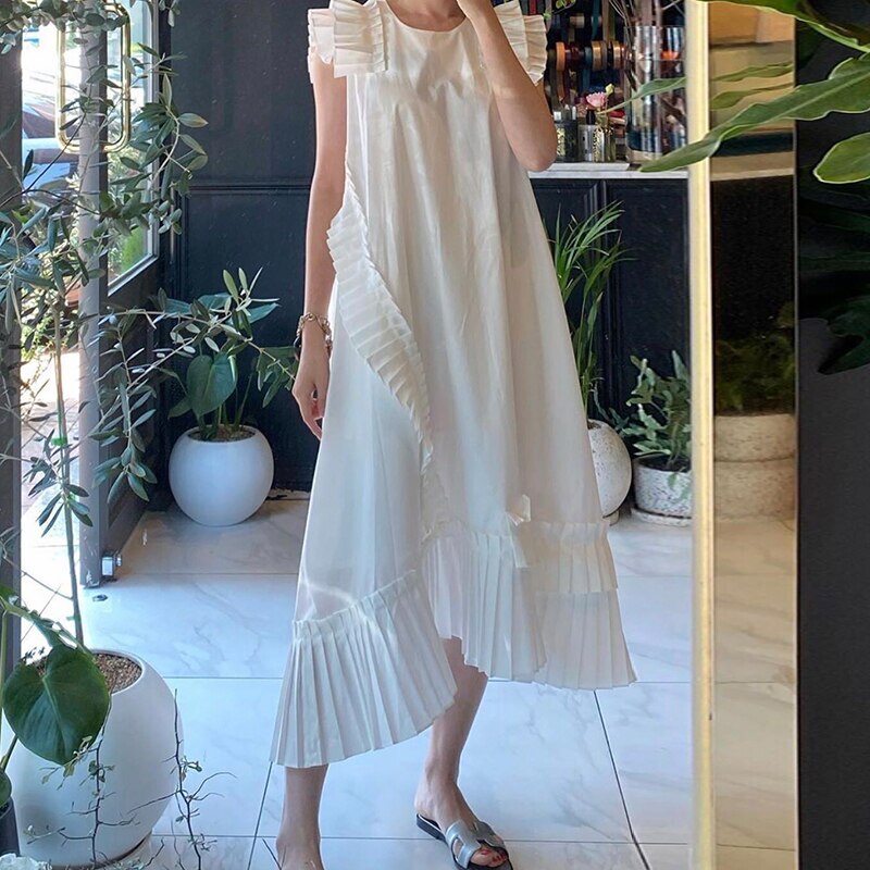 3色 ワンピース ノースリーブ 春夏 かわいい ロング aライン ミモレ ミモレ丈 ロング ロング丈 9分丈 アンクル丈 ミディアム丈 ミドル丈 レギュラー丈 不規則丈 フリル袖 Uネック ラウンドネ