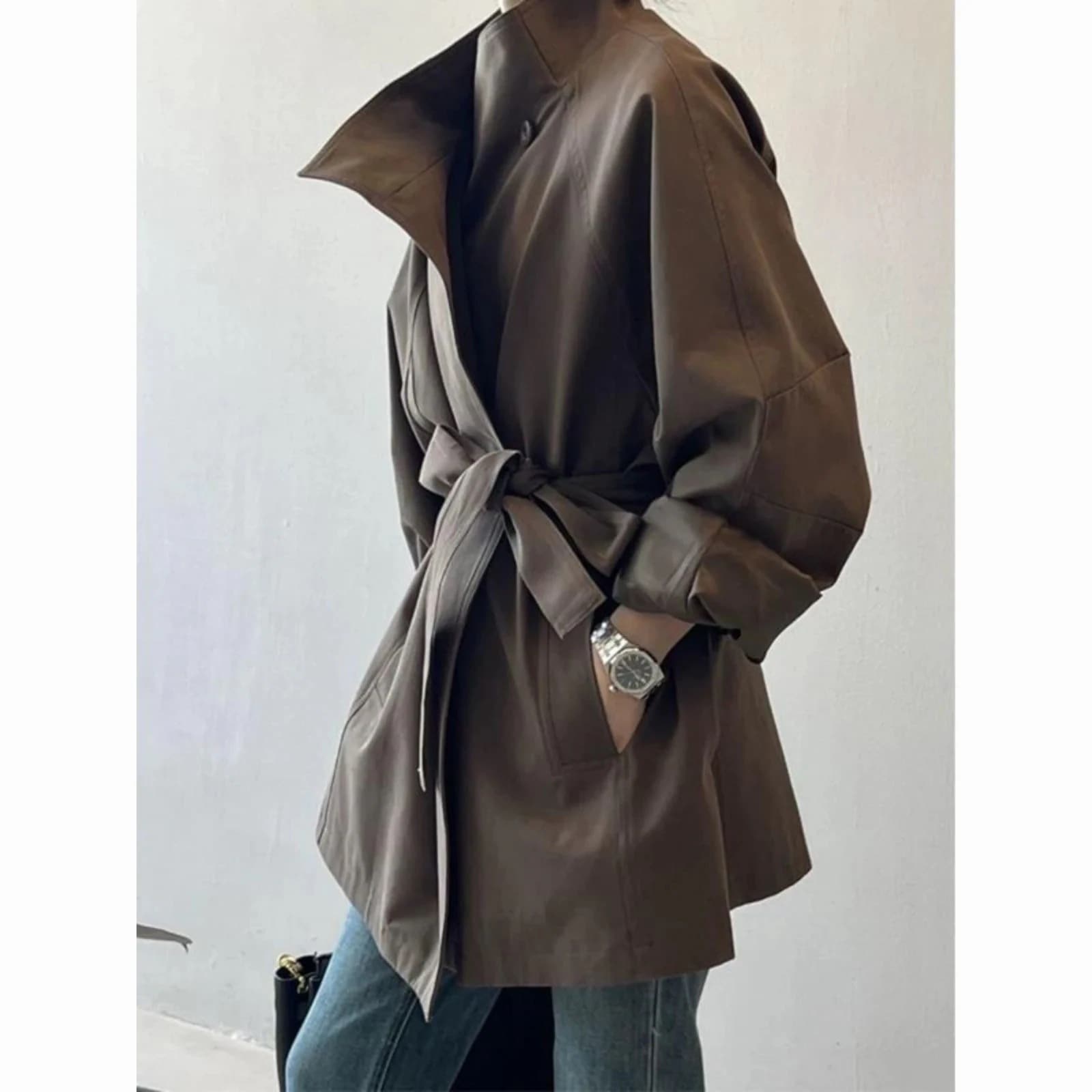 ミディアム丈スタンドカラー パーカー 秋 低身長 コート レディー