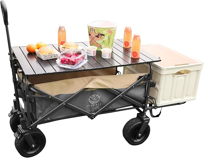 アウトドアワゴン キャリーワゴン テーブル付き 折りたたみ式 キャンプワゴン 耐荷重120kg 長物対応 大容量 キャリーカート アウトドアキャリー コンパクト 大型タイヤ ボトルポケット付き 釣り