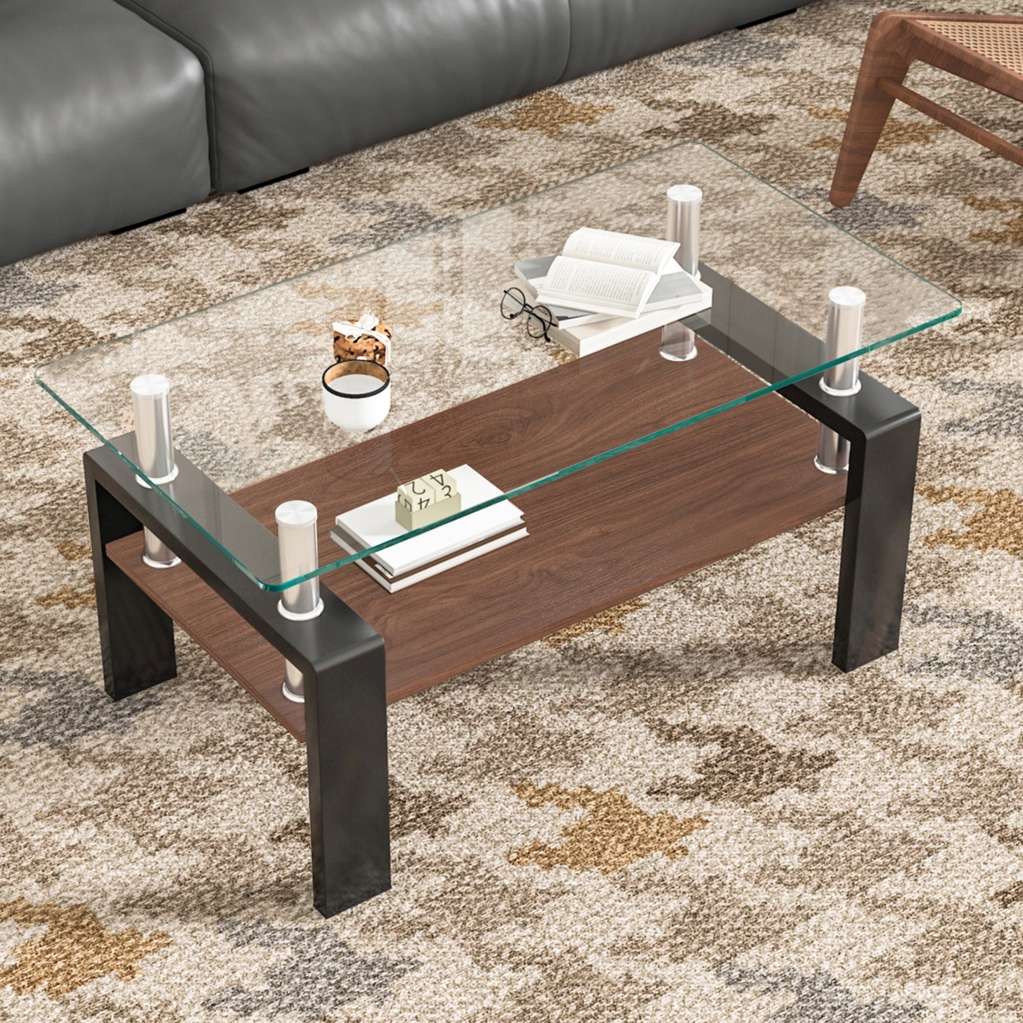F17モダン長方形コーヒーテーブル 強化ガラス天板+MDF収納棚 リビング用 クリアガラス+ブラック脚