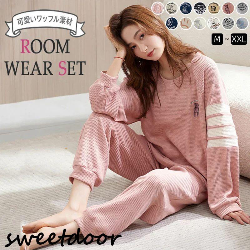 ルームウェア パジャマ レディース 上下セット セットアップ ワッフル生地 スウェット カットソー トップス ガウチョパンツ ワイドパンツ ゆったり 可愛い かわ
