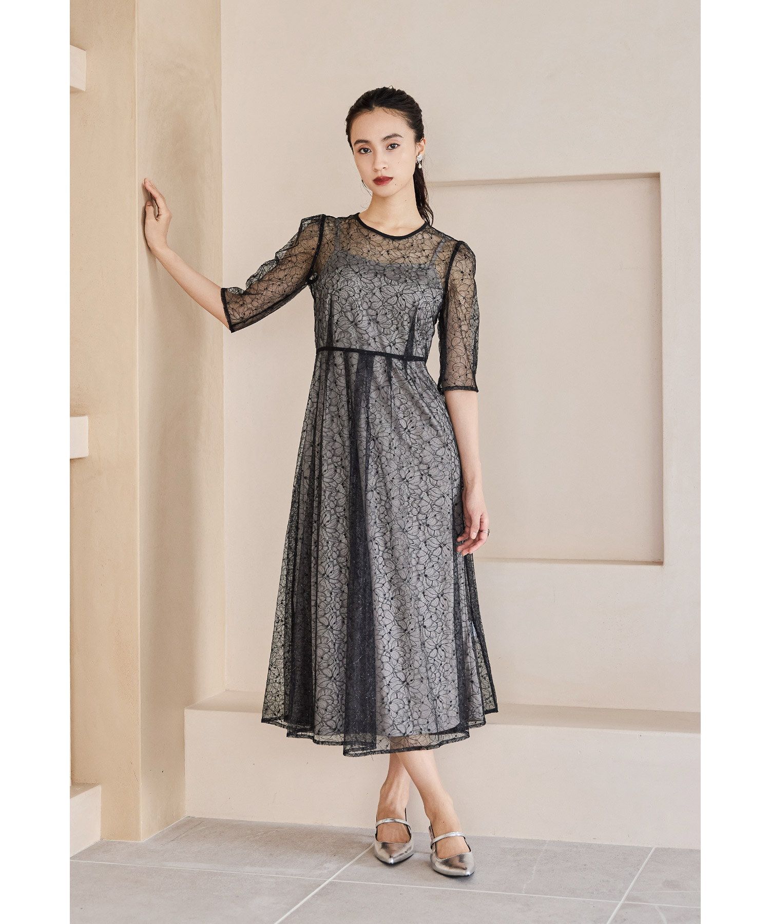 ラメレースレイヤードドレス パーティードレス 結婚式 ワンピース 2点セット 花柄 バックリボン フレア 半袖 七分袖 お呼ばれ パーティー 二次会 披露宴 謝恩会 成人式 同窓会 入学式 卒業式