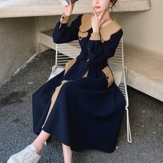 レディース ワンピース ロングワンピース フレアワンピース 長袖 ビックカラー 前開き ポケット 揺れる ウエストマーク かわいい 大人可愛い きれいめ シンプル 上品 おしゃれ かっこいい