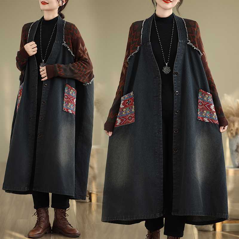 「ファットガール」 2025秋新品 デニムコート ロングコート ニット ドッキング レトロ 大きいサイズ 体型カバー レディース アウター トレンチコート メガ割