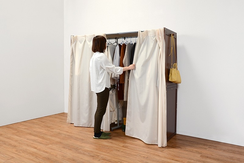ハンガーラック ワードローブ カバーカーテン 木製 洋服掛け 伸縮 クローゼット 衣類収納 幅115-195cm