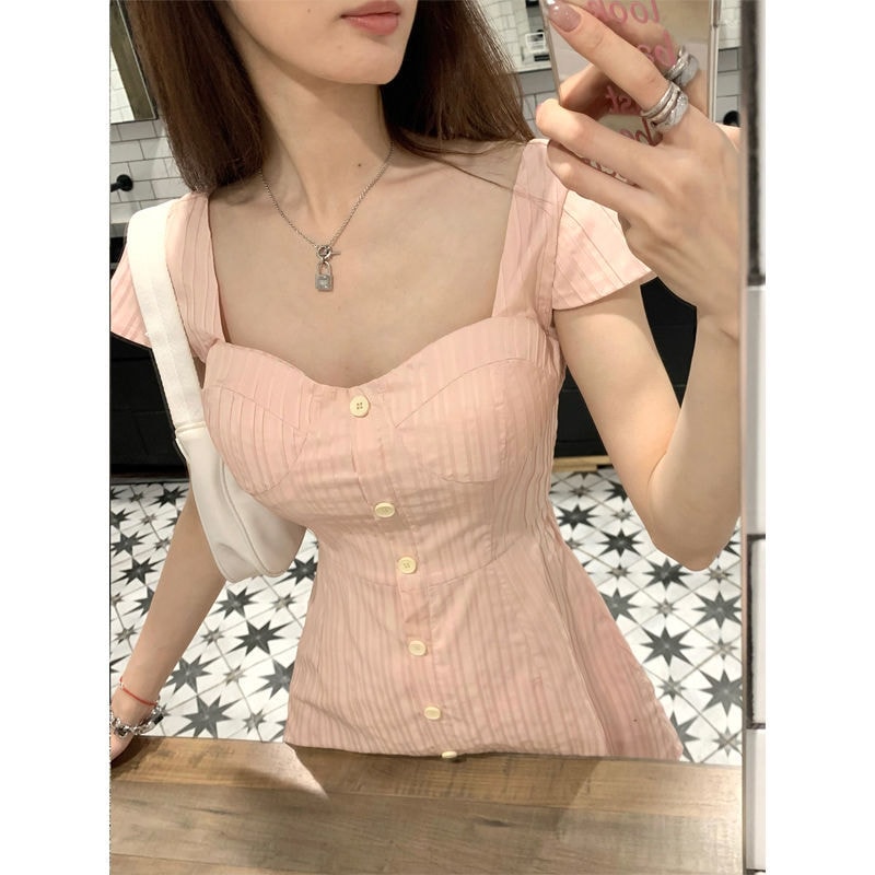 【1つ買うと10つ無料】2025夏の甘いハート胸部クッションポジティブフライングスリーブスリープスロットスウィートドレス女性