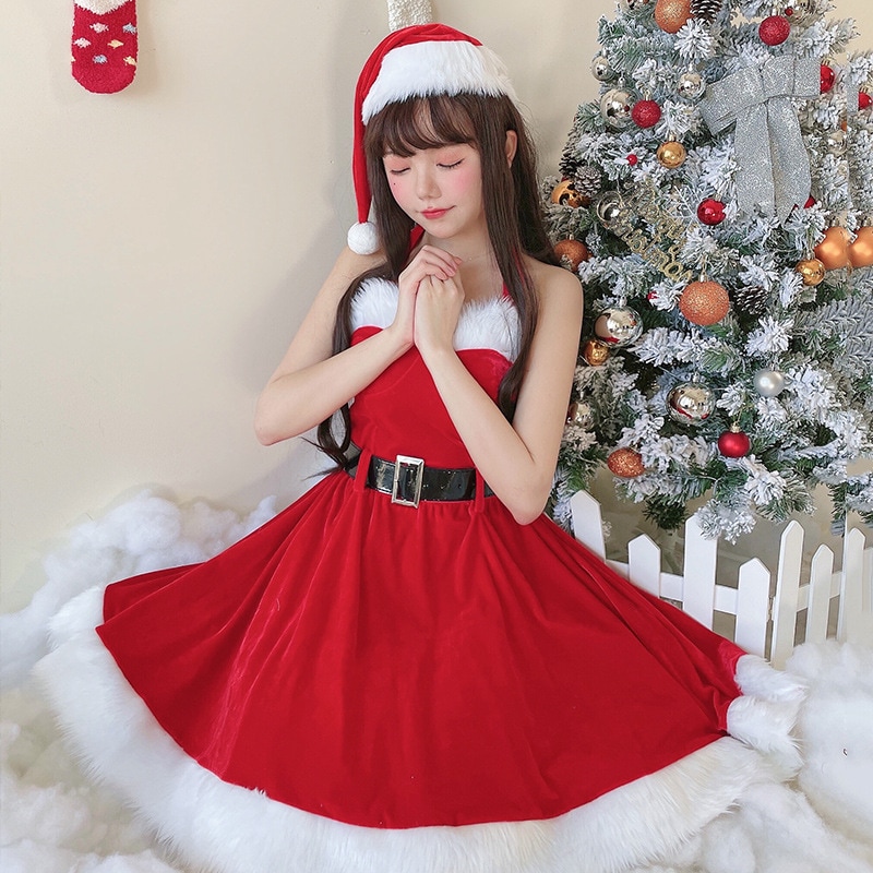 日本のサンタクロースの赤いセクシーな胸のワンピースを塗って舞台のクリスマスの服装を着ます サンタ服です