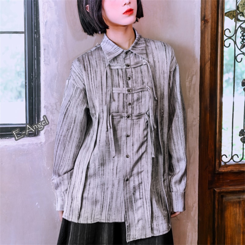 チャイナ風トップス シャツ ブラウス 長袖 レディース ストライプシャツ トップス 肌理感 オリジナル アシンメトリー