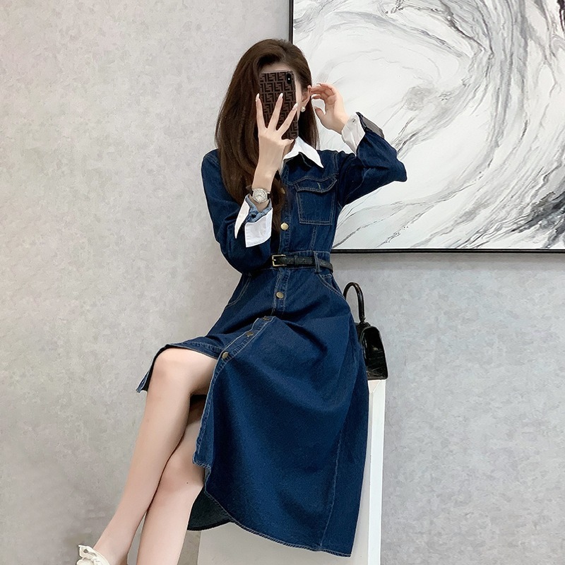 ワンピース デニム デニムワンピース Aライン ミモレ丈 カジュアル 韓国 レディース オルチャン シャツワンピース 袖あり 長袖 襟付き 前開き かわいい 大人可愛い きれいめ デート