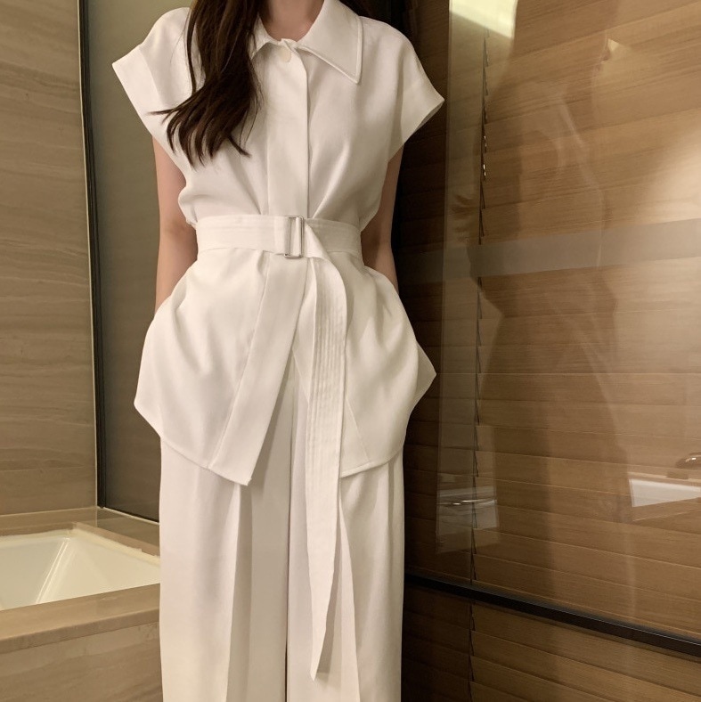 サマーセットアップ ハイウエスト ベルト付き ワイドパンツ 上下セット 白 ホワイト 黒 ブラック ベージュ 韓国 レディース オルチャン スーツセット ロング丈 袖なし ノースリーブ