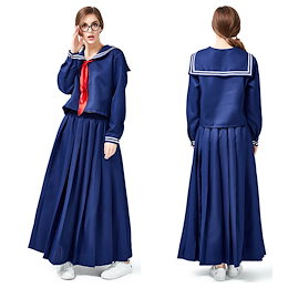 【送料無料】【24時間以内に出荷します】ハロウィン パーティー 新しい長袖の上着のロングスカートの海軍の服装の学院の風の赤いネッカチーフは紺色の日係のセーラー服を隠します PS1792H62