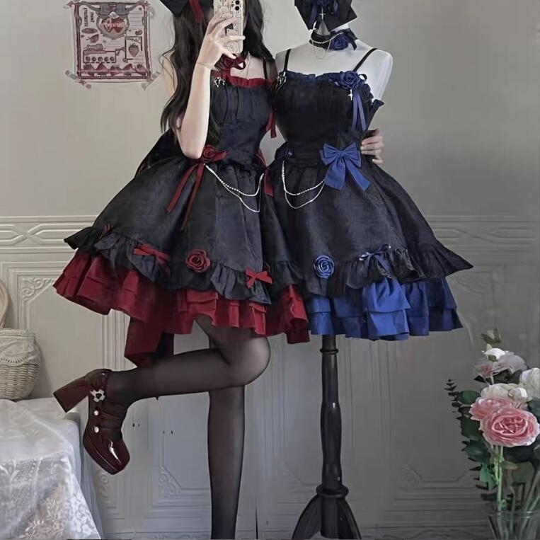 暗黒rose ロリータ ワンピース ゴシック ロリータ服 膝丈 キャミソール ドレス 花飾り付き 背中大きいリボン 女性 ハロウィン コスプレ衣装 魔女 悪魔 妖精 コスチューム 学園祭 文化祭 イベ