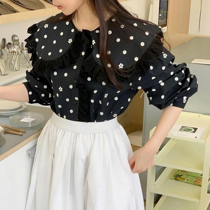 【2025新作 急速出荷】ドット柄 シャツ ブラウス レディース 韓国 春 秋 トップス ラペルトップス シャツブラウス 綿 コットン きれいめ お洒落 フェミニン 可愛い カジュアル ブラック 黒