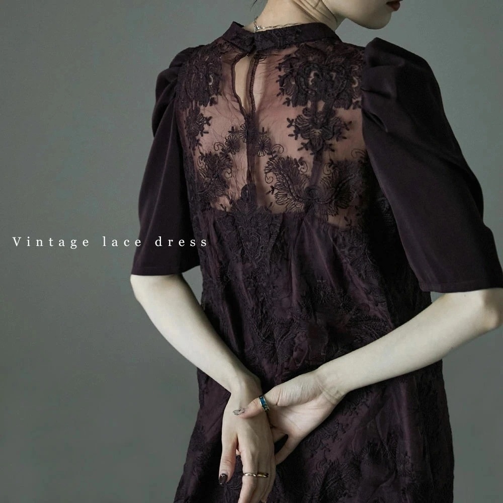 【即納】ヴィンテージレースドレス ワンピース ワンピ ドレス 半袖 5分袖 レース 刺繍 スタンドカラー ロングドレス オケージョン オケワンピ 結婚式 二次会 パーティー 裏地付き