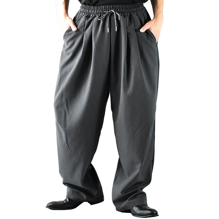 ワイドパンツ メンズ ポリエステル スラックス ワイドスラックス 大きいサイズ グレー 灰 ハイウエスト ウエストゴム ツータック ツータックパンツ タックワイドパンツ テーパード ゆったり
