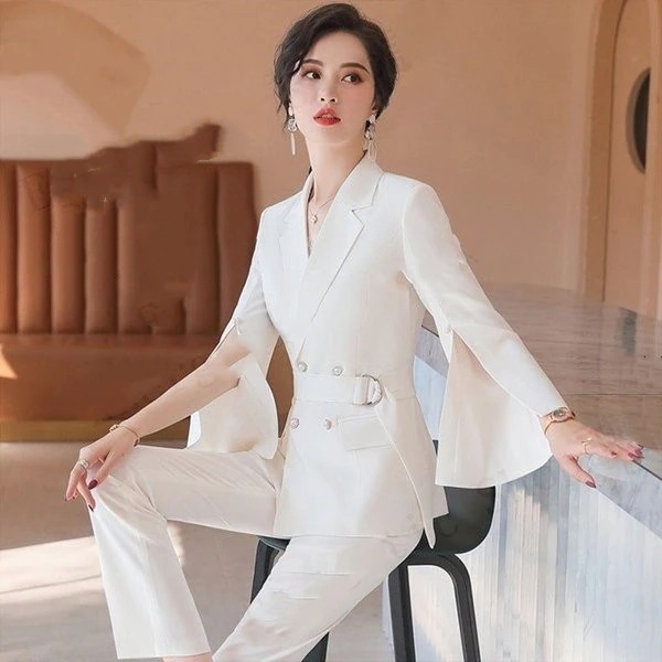 【急速出荷!】セットアップ スーツセット レディース ベルト フレア袖 通勤 L 上品 リクルート お洒落