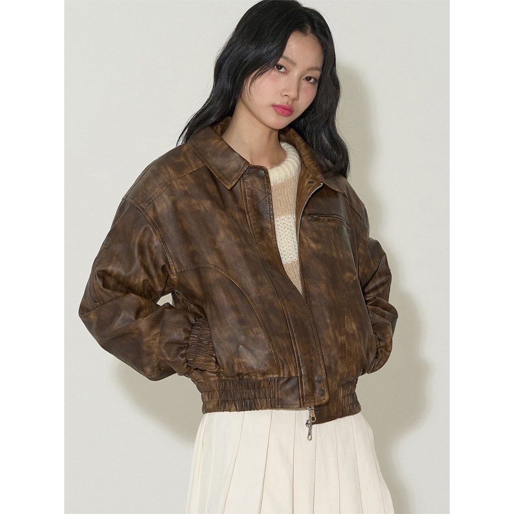 ILLIGO ウォッシュドレザーボンバージャケットブラウン