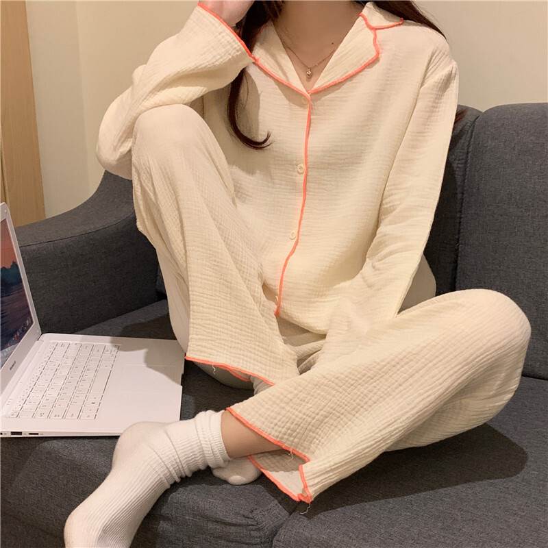 パジャマ ルームウェア パジャマ 部屋着 寝巻き ナイトウェア パイピング 長袖 ロング丈 長袖 Vネック 襟付き 前開き ウエストゴム 綿 上下セット ラフ 2点セット ツーピース かわいい 大人可