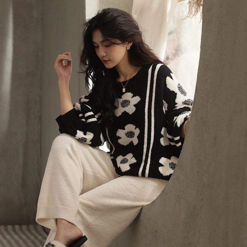 パジャマ レディース韓国新作パジャマ２点セット花の絵柄ソフトお肌に優しい厚手フリース裏起毛ルームウェア QYSY5730%制限