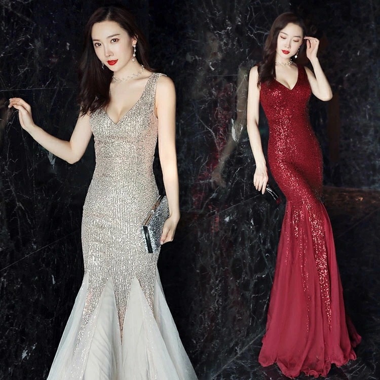 マーメイドドレス イブニングドレス シルバー キラキラドレス スパンコール 発表会ドレス タイトドレス マーメイドライン ネイビー ゴールド ワイン赤 緑 黒 ロングドレス パーティードレス ノースリ