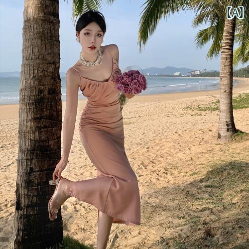 ワンピース リゾート レディース 大人 フレンチ ジェントル ウエスト サテン プリーツ サスペンダー スカート ピンク ドレス