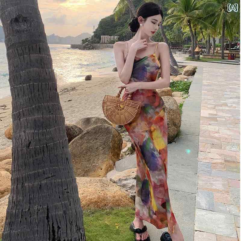 ワンピース レディース フェミニン リゾート ビーチ サスペンダー スカート モネ ドレス スリムフィット ホリデー スタイル ロング スカート