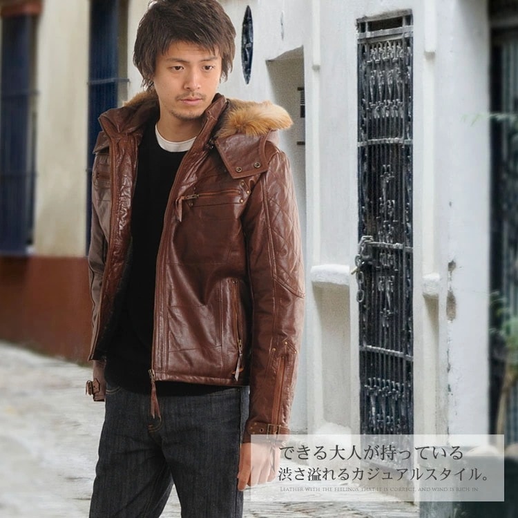 メンズバッファローレザーライダースジャケットフォックストリム/メンズ/男性用
