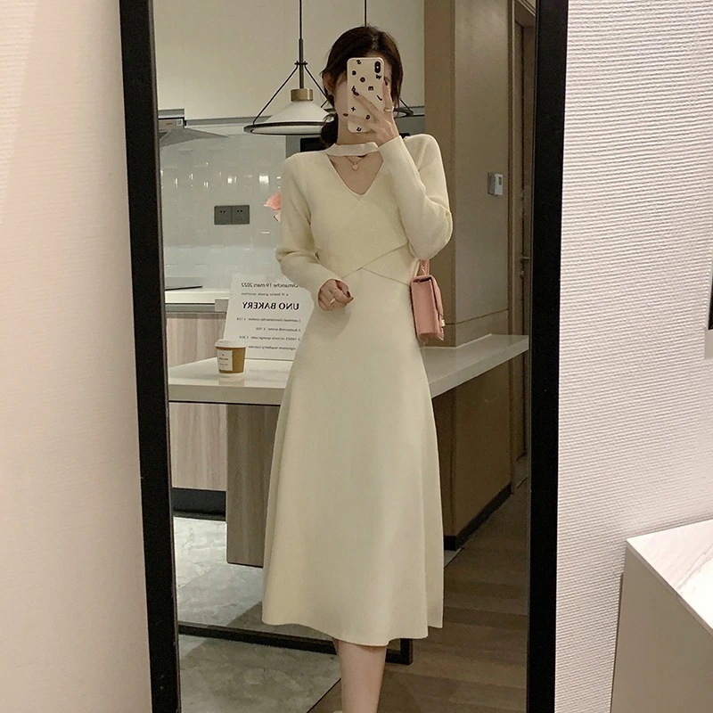 春装ワンピース Vネック ニット長袖ワンピース ゆとりがある うちばり 韓国ファッション ロングスカート レディー
