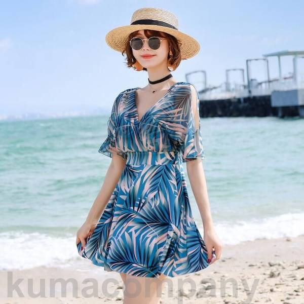 レディース 水着 半袖 ボタニカル ワンピース フリル シアー おしゃれ スイムウェア 体型カバー エレガント リゾート 海 プール 夏 フェミニン きれいめ 大人 可愛い 二の腕カバー Vネック ブ