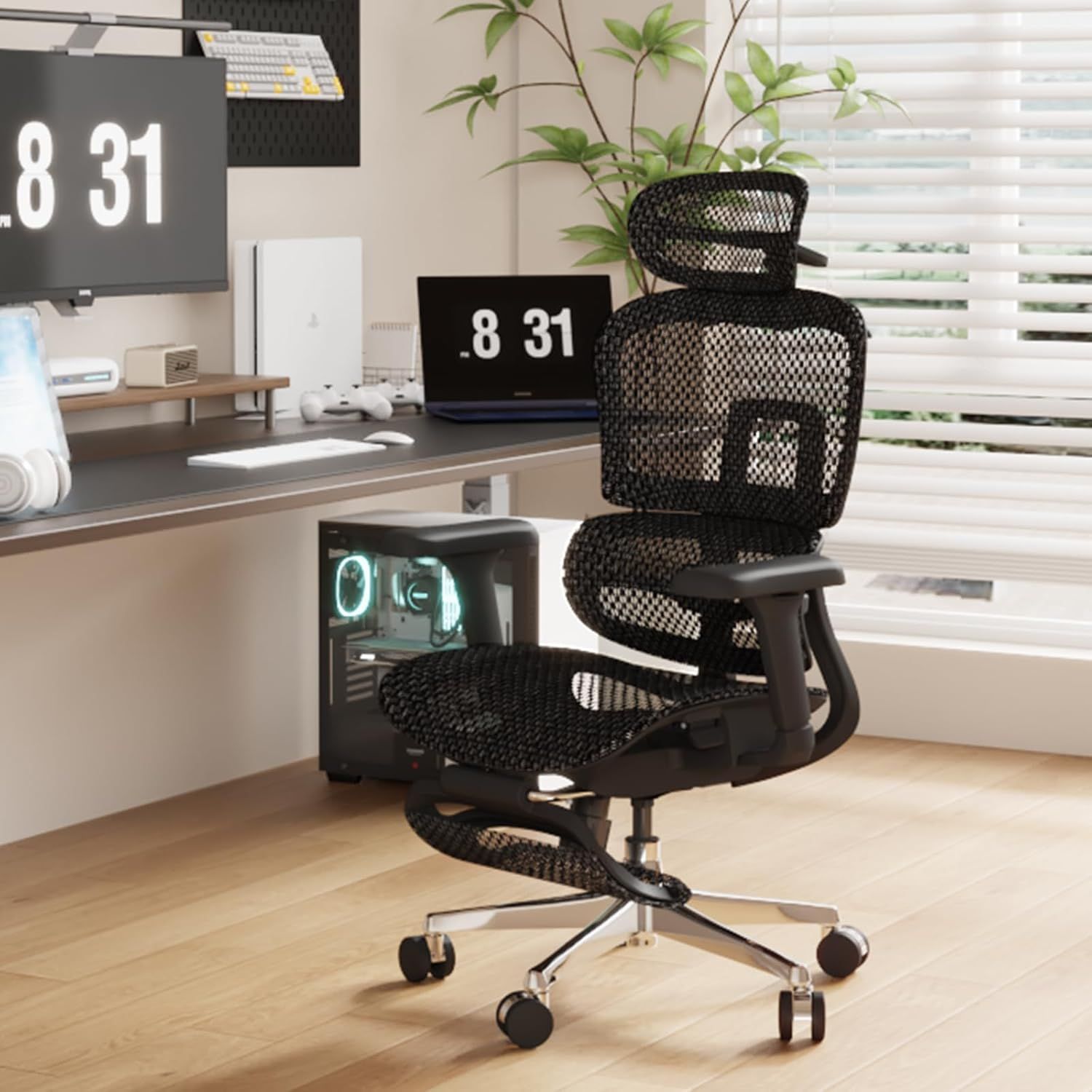 エルゴノミクスチェア 人間工学 デスクチェア オフィスチェア 耐荷重150kg 座面広い メッシュ素材 リクライニング機能付き 4Dアームレスト 5Dヘッドレスト 格納式フットレスト付き 長時間快適
