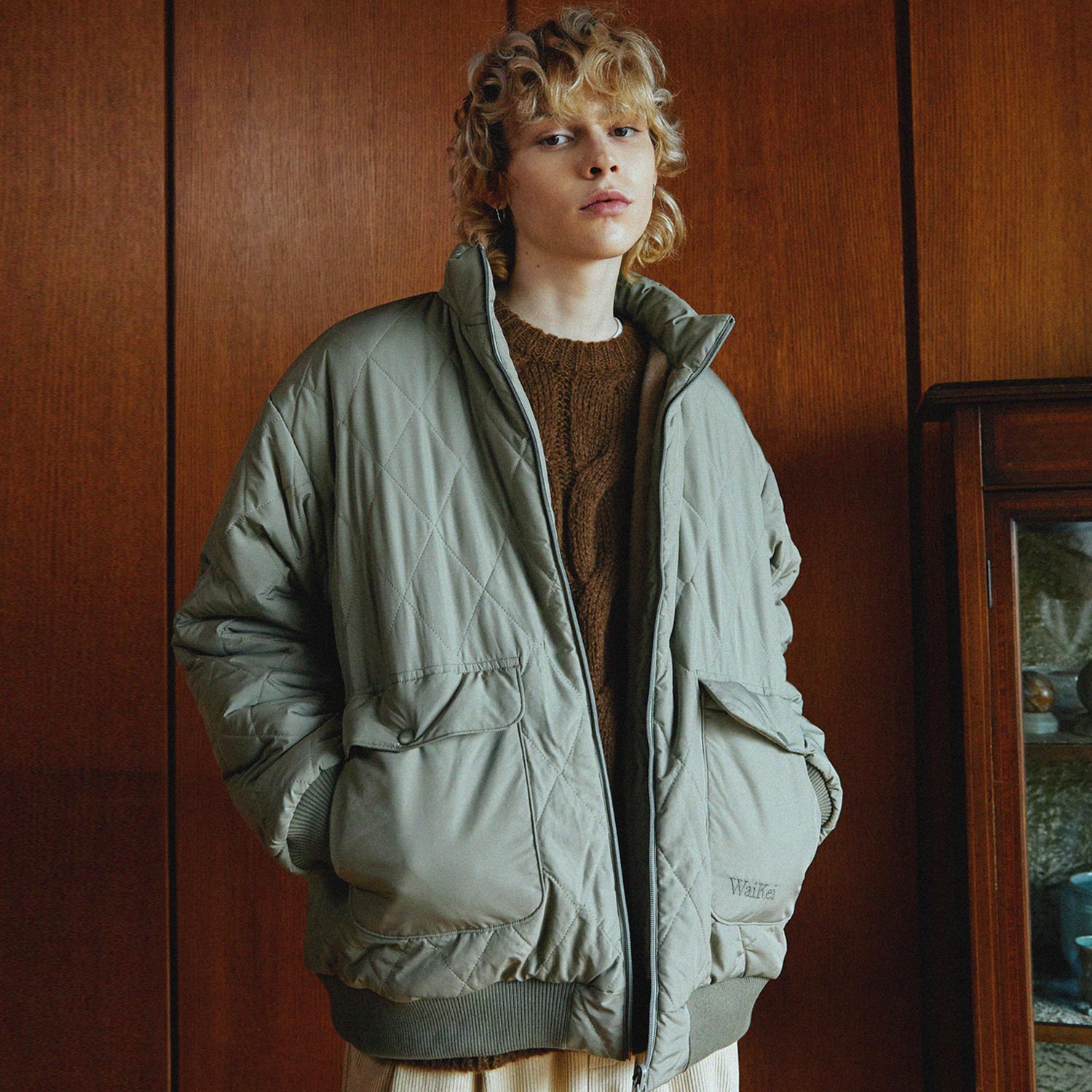 Reversible quilting fur jacket KHAKI