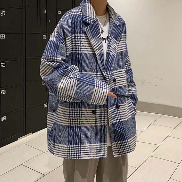 チェスターコートチェック柄メンズコートミドル丈ゆったりメルトン裏地付きオーバーサイズ春秋冬服通勤通学大人学生カジュアル韓国風ストリートルーズ大きいサイズブルーブラック黒