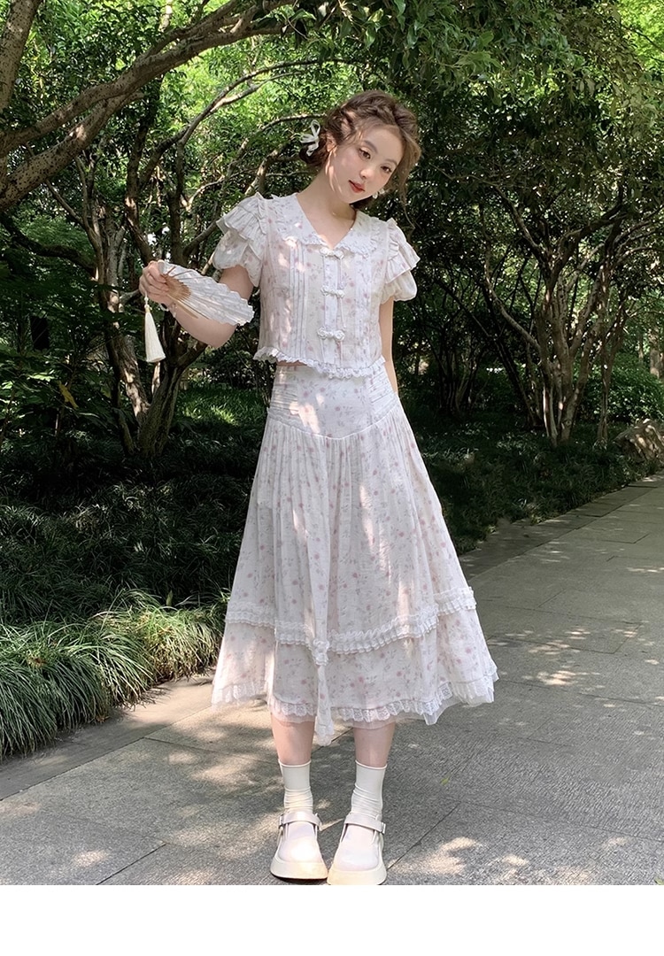 プラスサイズ 女性 スカート V ネック パウダー 花 腹カバー スーツ スカート 個性的 セットアップ 膝下 袖あり 半袖 Vネック 襟付き かわいい 大人可愛い 上品 おしゃれ お洒落