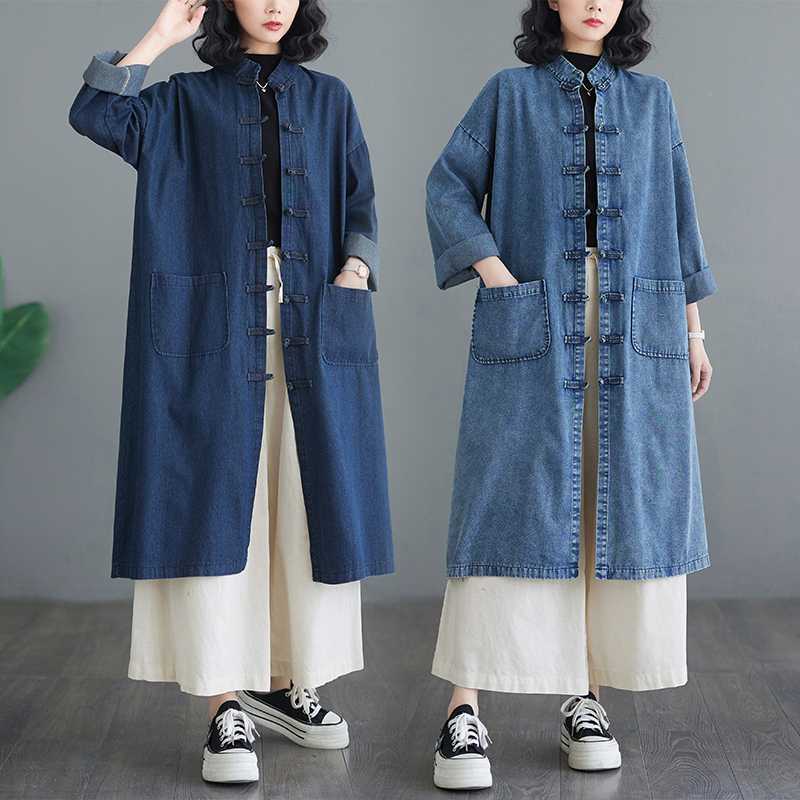 「ファットガール」 2024秋新品 デニムワンピース カーディガン レトロ 大きいサイズ 中華風 体型カバー レディース ロングカーディガン メガ割30%までに制限