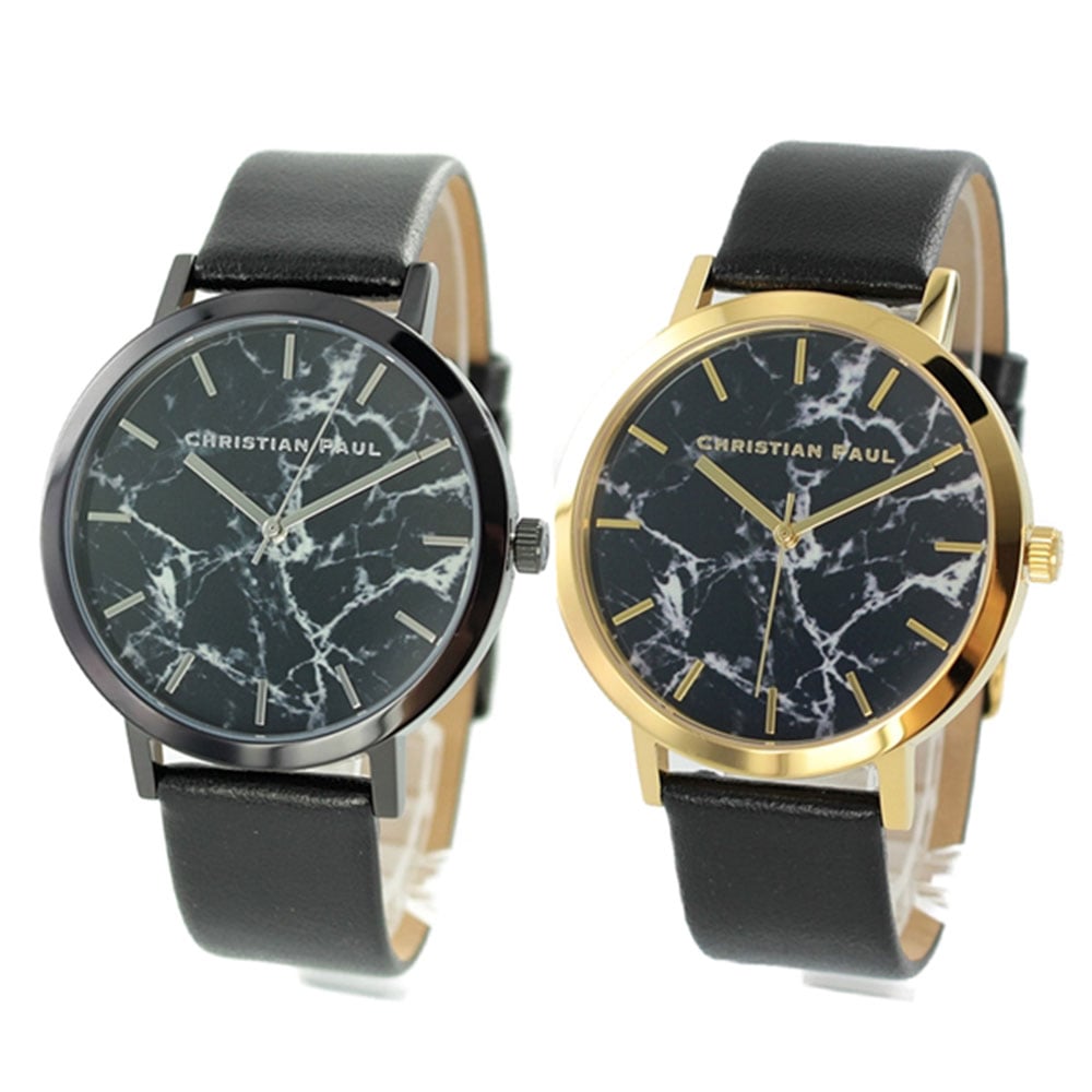 【ペア収納ケースつき】クリスチャンポール 腕時計 手表 ペアウォッチ おそろい 同サイズ ブラックマーブル 大理石柄 43mm 天然皮革 黒 レザー MR-01MR-09 誕生日プレゼント ポイント消