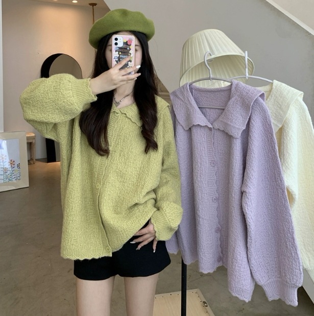 襟付きカーディガン 幅広ニットカーディガン レトロニットジャケット オーバーサイズトップス トップス アウター ニットソー セーター カーディガン ジャケット 上着 ロング ロング丈 袖なし 長袖