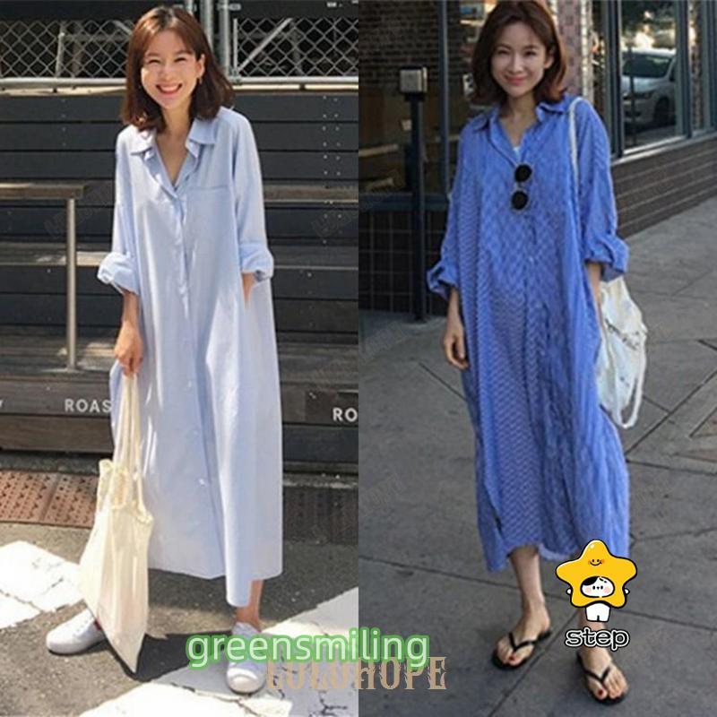 ワンピース レディース マキシワンピース 夏 長袖 ワンピース vネック シャツワンピ 韓国風 ロング丈 着痩せ オシャレ スリーブ リネン シャツロング ストライプ
