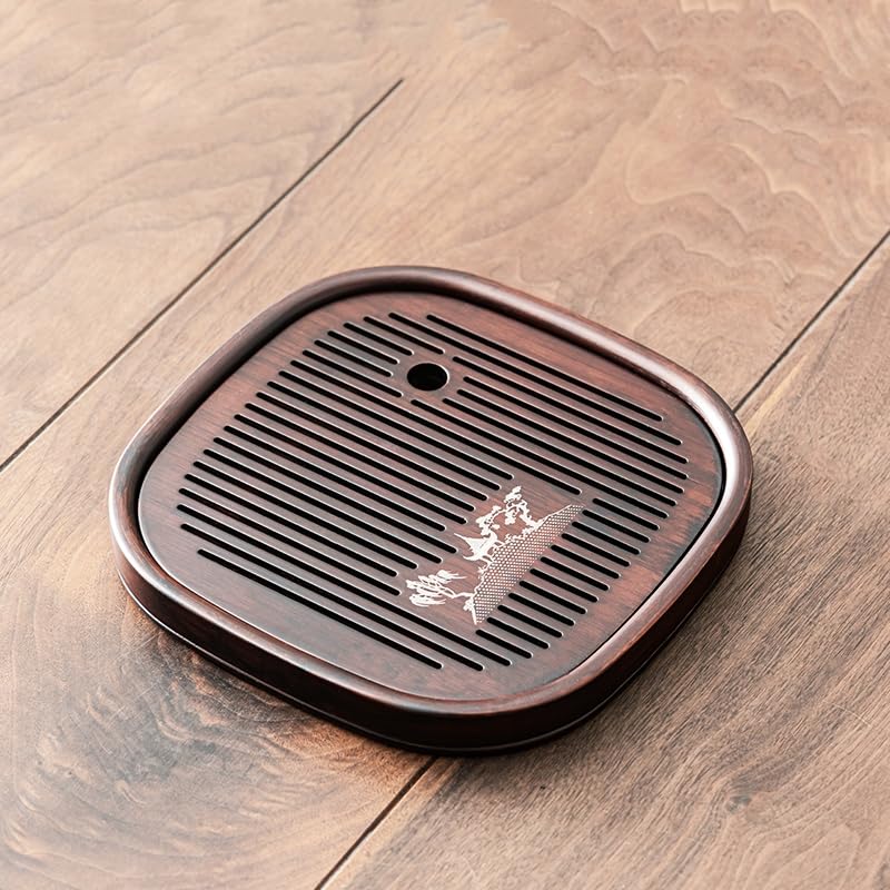 伝統的な中国茶サービングトレイセット3ポリッシュウッド排水デザイン23.5-35インチカンフーティートレイ（S：23.5 x 23.5 x 2.5cm）