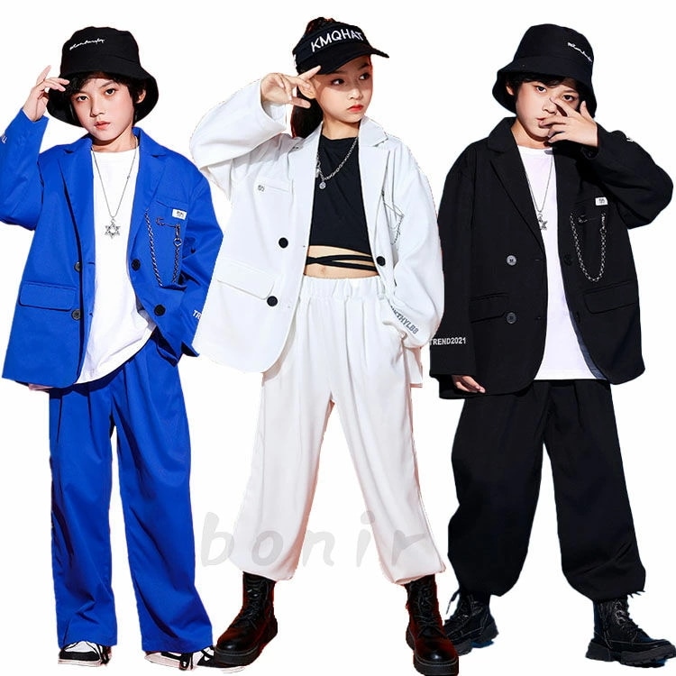 キッズダンス衣装 セットアップ スーツ 黒 白 ブルー k-pop 子供服 ヒップホップ ジャケット 子供スーツ ロックダンス 女の子 男の子 ストリート b系 hiphop ジュニア 舞台 韓国 演