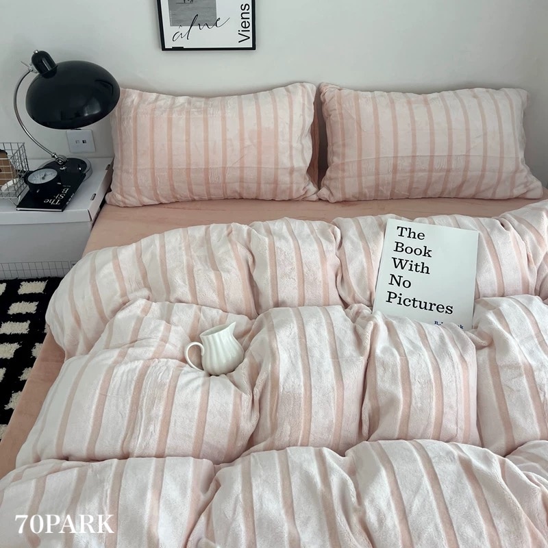 ピンク ストライプ ふんわり フランネル 布団カバーセット 全2種 ベッドカバー 寝具カバー シングル ダブル クイーン ベッドリネン ぬくぬく おしゃれ 韓国インテリア 70PARK