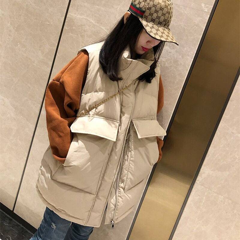 綿ベスト女性新型秋冬アウター韓国版ミディアム厚手無地スタンドカラー保温コート30%制限