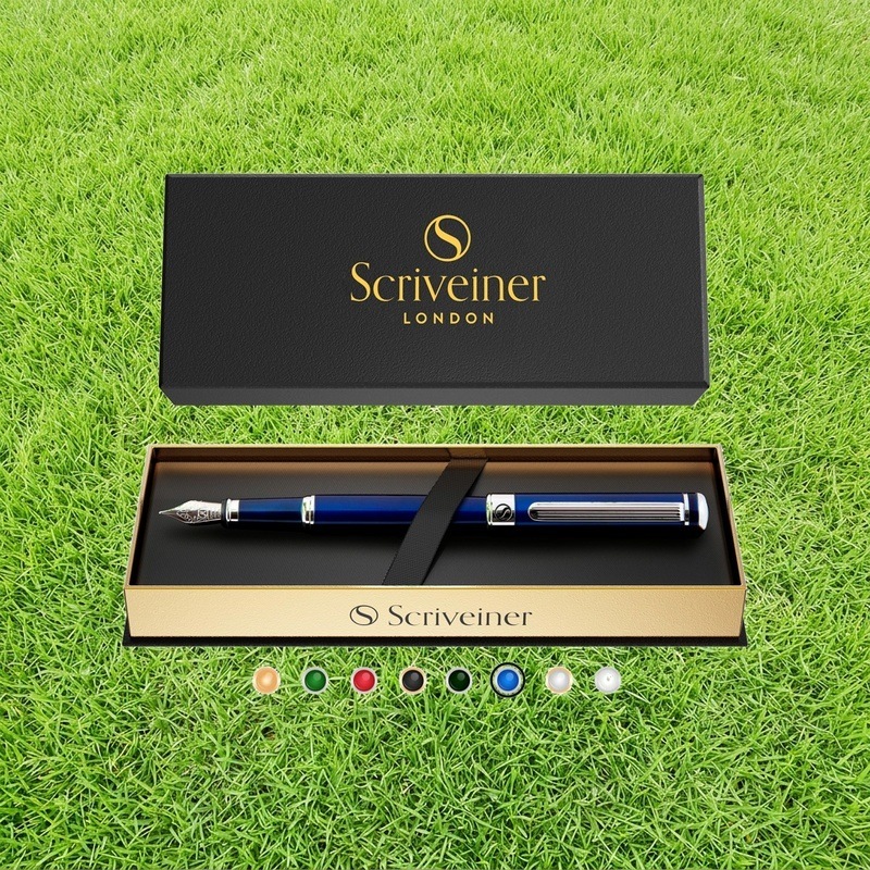 Scriveiner最高級 プレミアム 万年筆 (青) 魅力的な美しさ クローム製金具付き Schmidt ペン先 (細) 男性にも女性にも最適 プロフェッショナル 重役 職場 上品な万年筆 ギフトセ