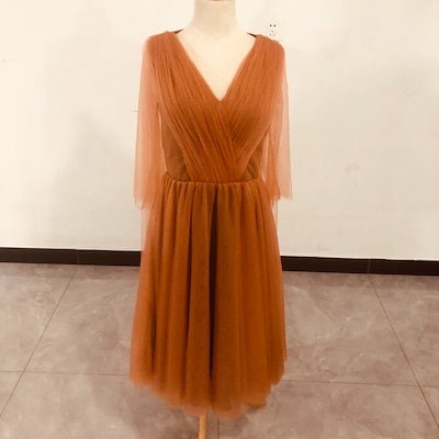 人気上昇！カラードレス テラコッタ色 Vネック ドレス ソフトチュ ふわふわ袖 ./2次会/挙式/前撮り 20,866円