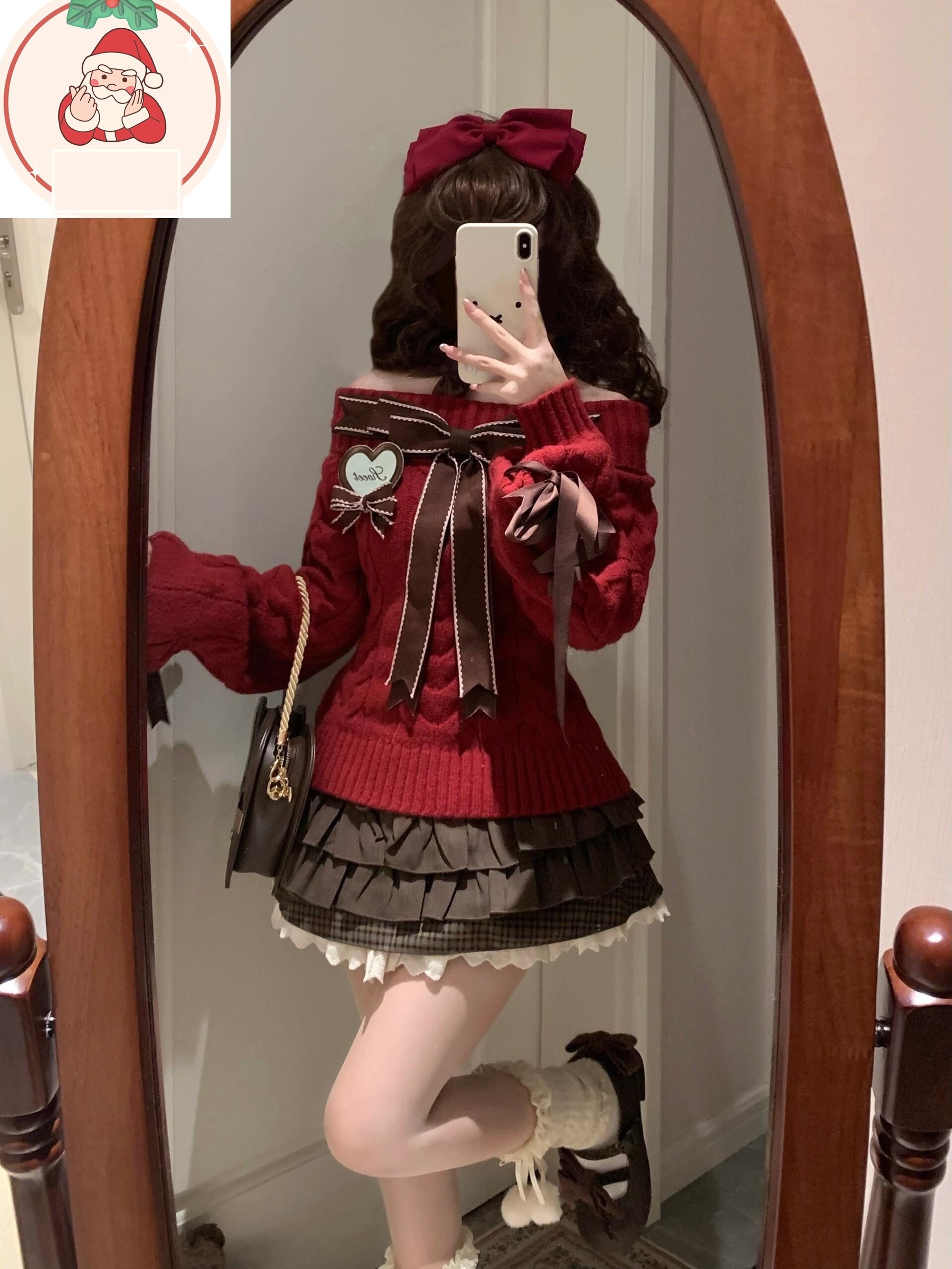 サンタコス クリスマス レッド ワンラインカラー 蝶ネクタイ ニットセーター ケーキスカート スーツ