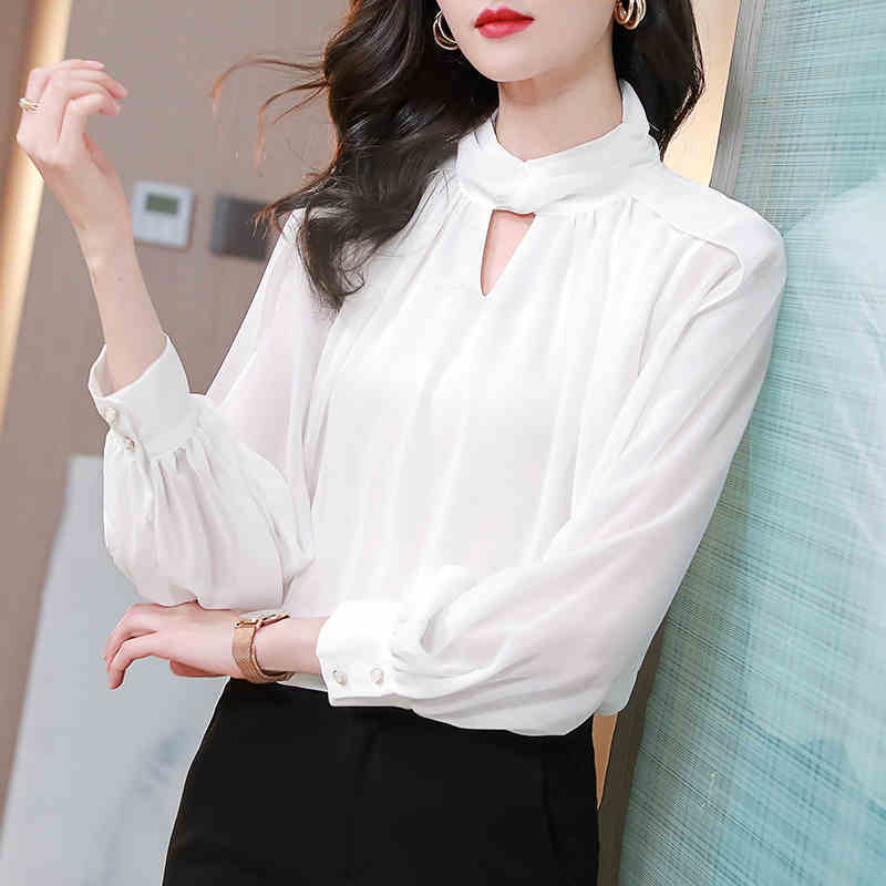 シフォン シャツ ブラウス トップス プルオーバー 白シャツ 白トップス ショート ショート丈 袖あり 長袖 スタンドカラー ホルターネック シフォン ポリエステル 大人可愛い きれいめ シンプル