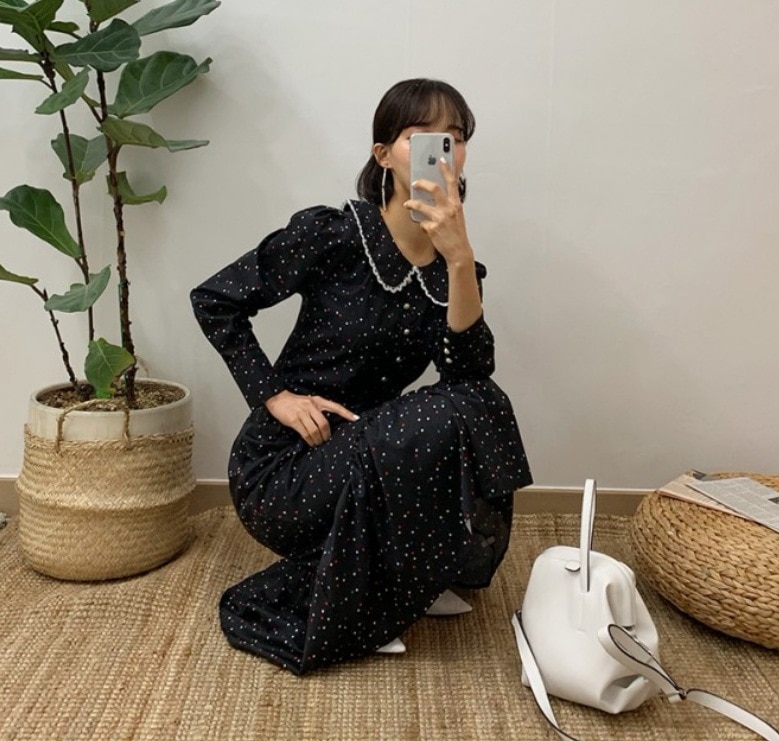 星 スター ワンピース ミモレ ミモレ丈 袖あり 長袖 パフスリーブ Vネック 襟付き Aライン レース フリル 切り替えデザイン 薄手 かわいい 大人可愛い きれいめ シンプル カジュアル 大人