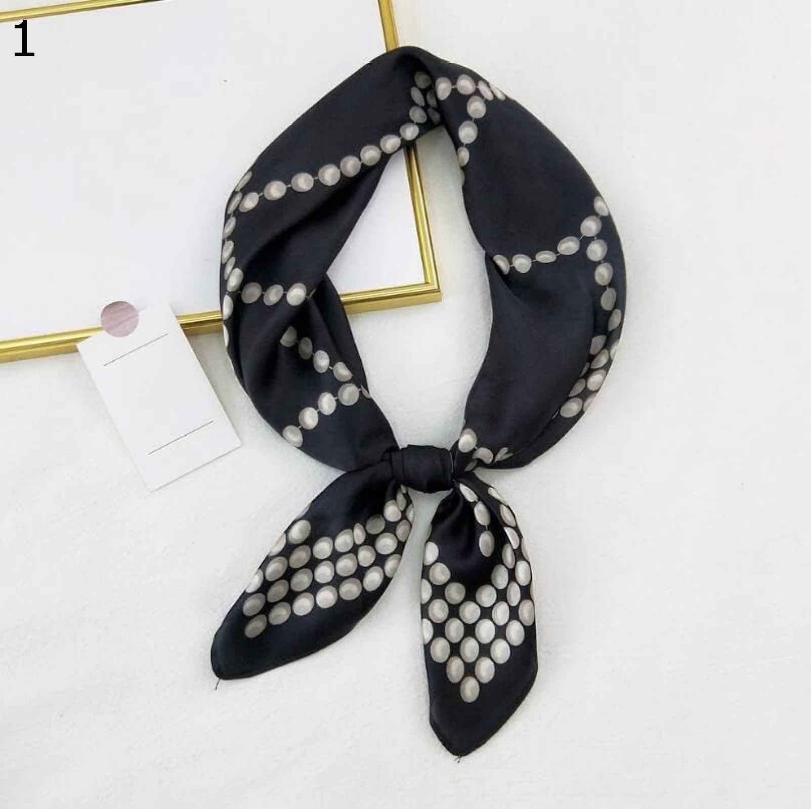 【20%OFFクーポン～】多機能ポリエステルスカーフ女性用エレガントヒジャブパールプリントサテンスモールスクエアラップヘッドスカーフ スカーフ (Color : Black Size : 70x7