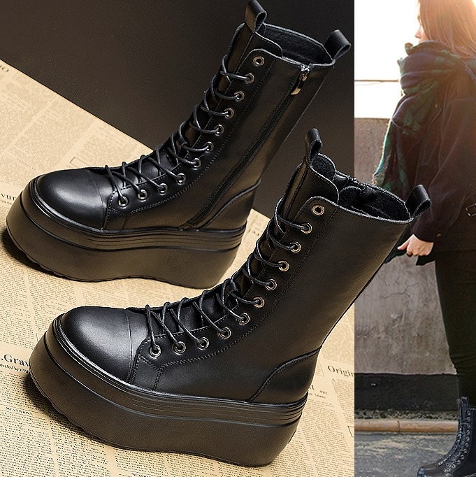 マーチンブーツ秋冬新作インランレトロ風厚底高純色ミドルブーツ女性厚底ブーツ厚底綿靴